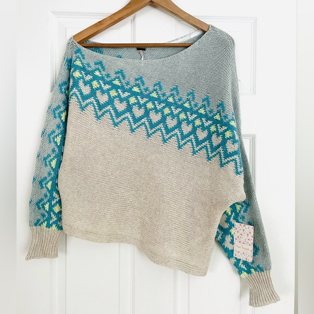 Free People Off-the-Shoulder Colorblock Sweater in Gray, Cream & Teal